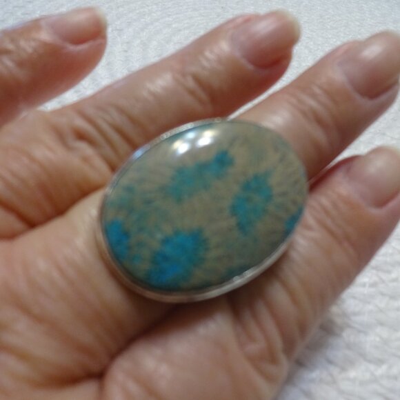 Stunning TEAL FOSSIL CORAL Handmade Sterling 925 Ring Size 11.25 #844C - Picture 2 of 3